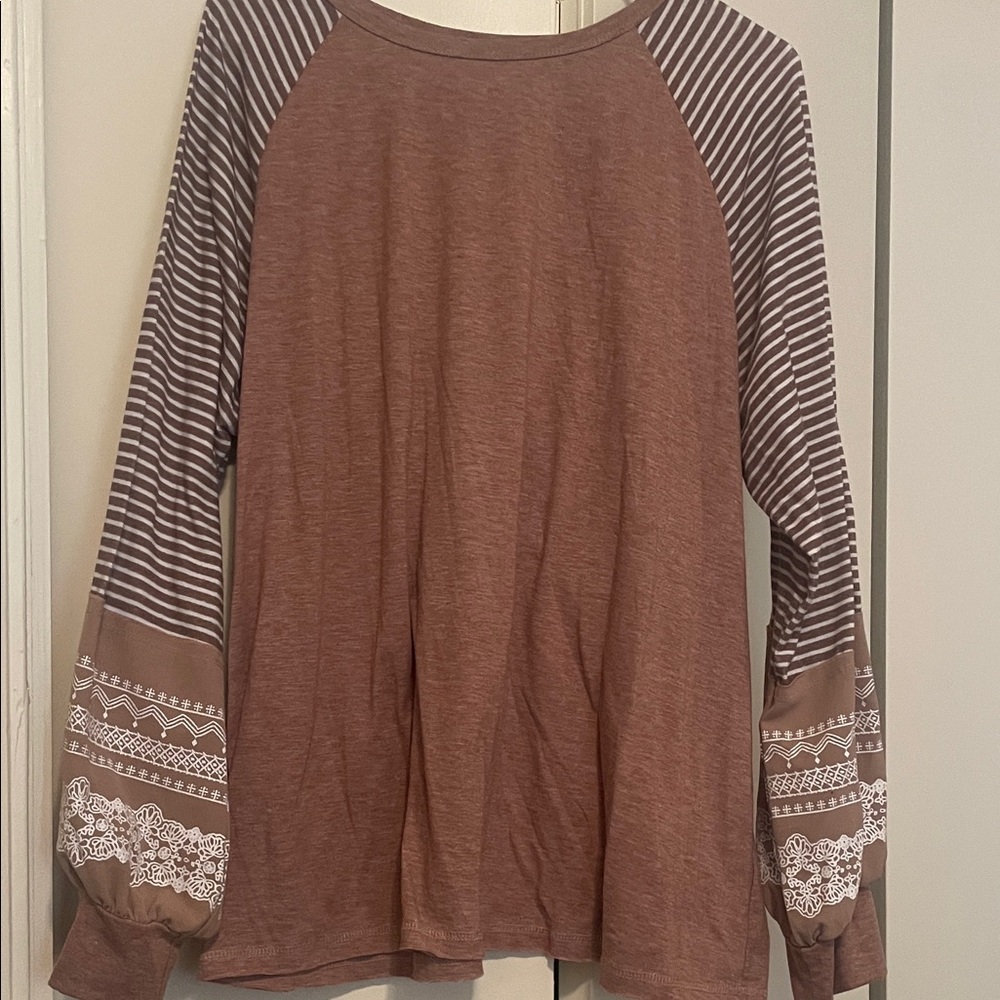 Brown Long Sleeve Top with Striped Sleeves